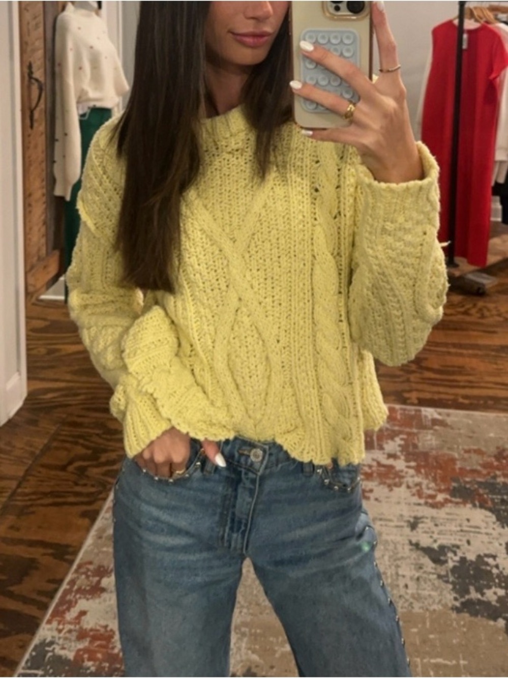 Free People Yellow Cable Knit Crew Sweater Size Small